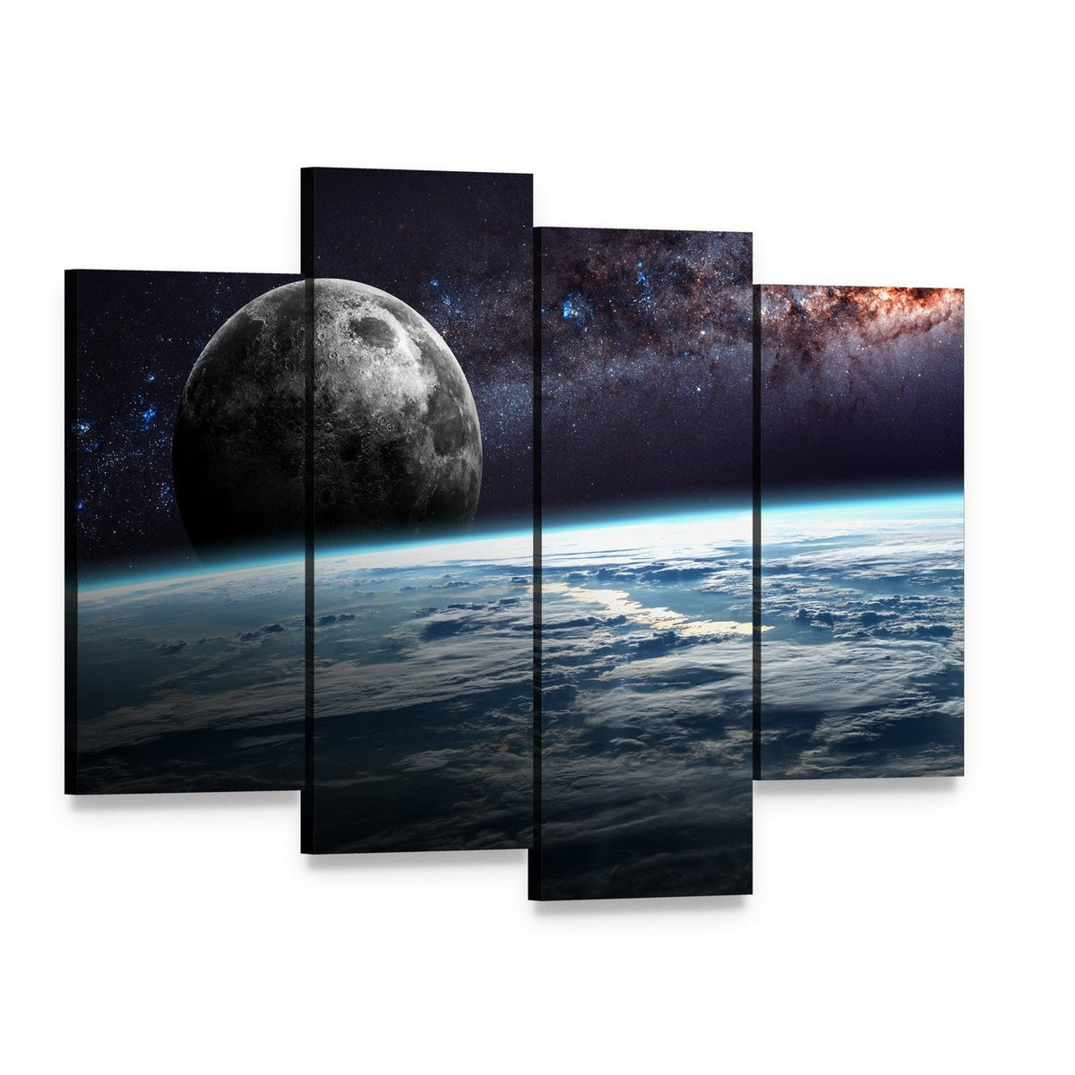Planet Earth and Moon Illustration Canvas Wall Art, 4 panel 4 Pop layout gallery wrapped canvas set, angled product view