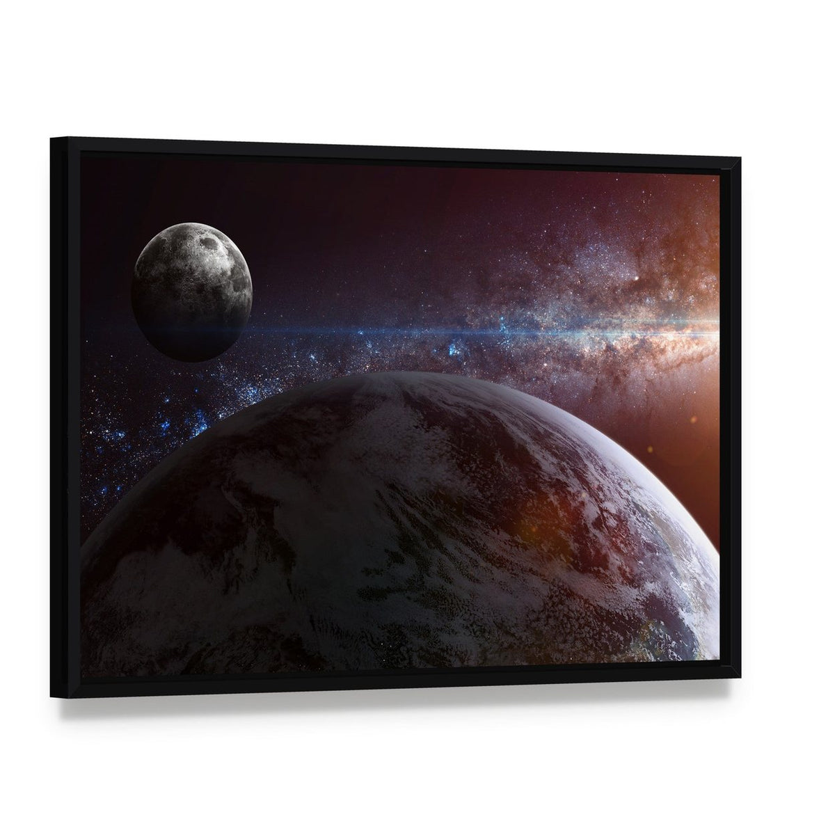 Earth Moon Stars Canvas Wall Art, framed canvas in a black floater frame, angled product view