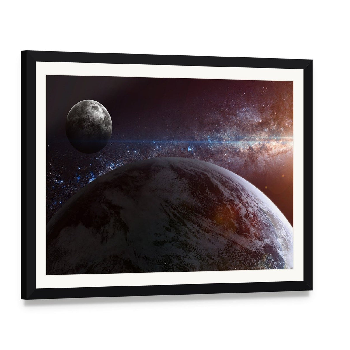 Earth Moon Stars Canvas Wall Art, framed print with white mat and black frame, angled product view