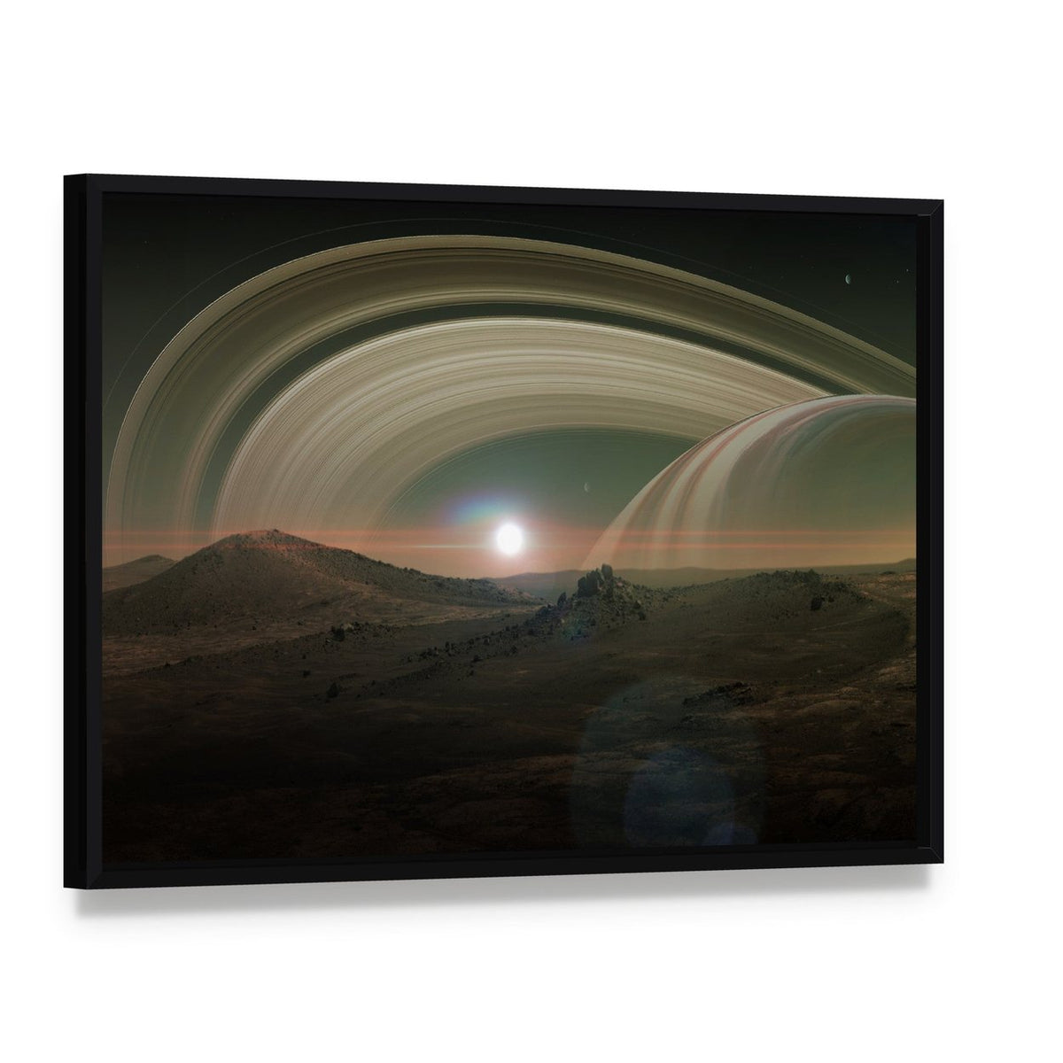 View of Saturn from Titan Canvas Wall Art, framed canvas in a black floater frame, angled product view