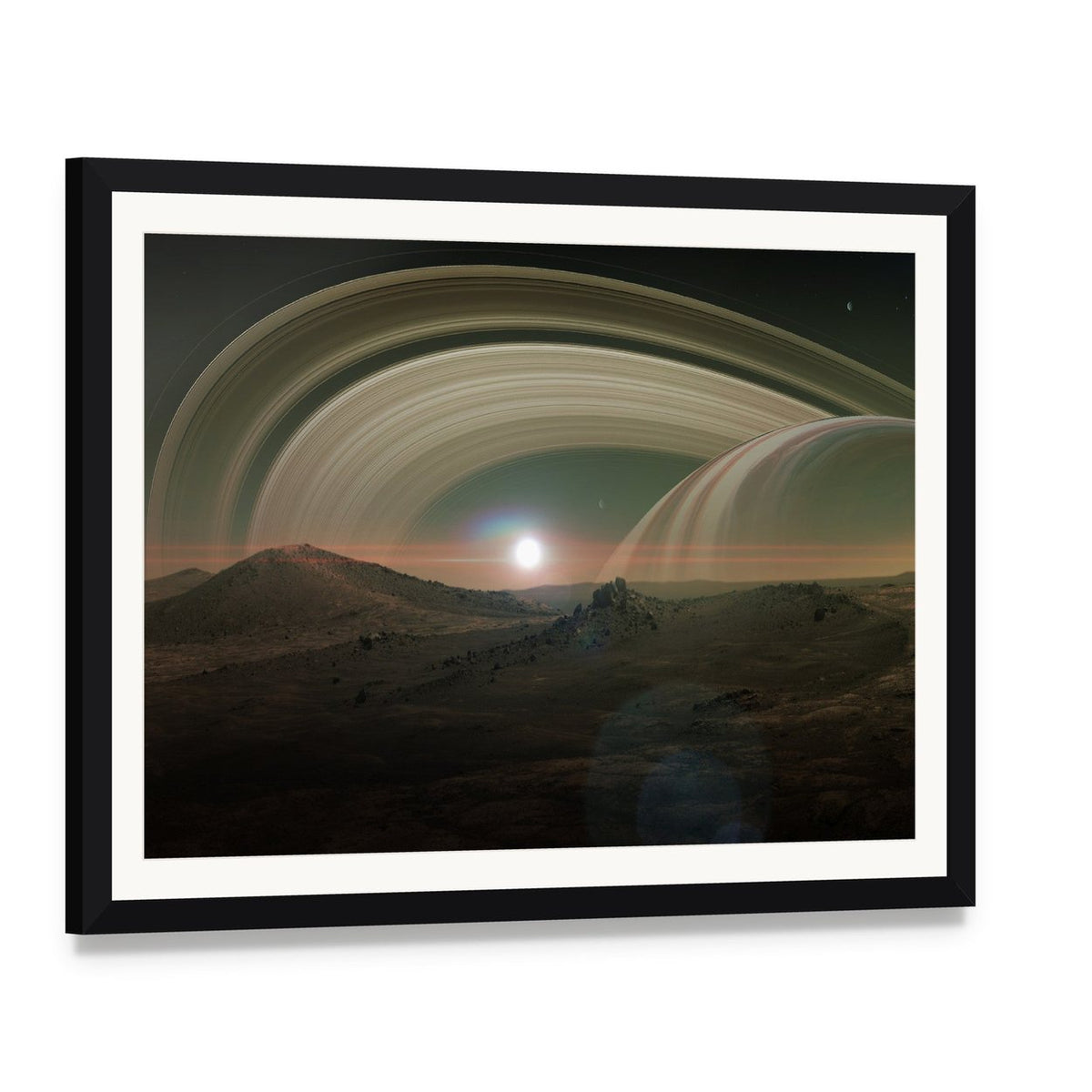 View of Saturn from Titan Canvas Wall Art, framed print with white mat and black frame, angled product view
