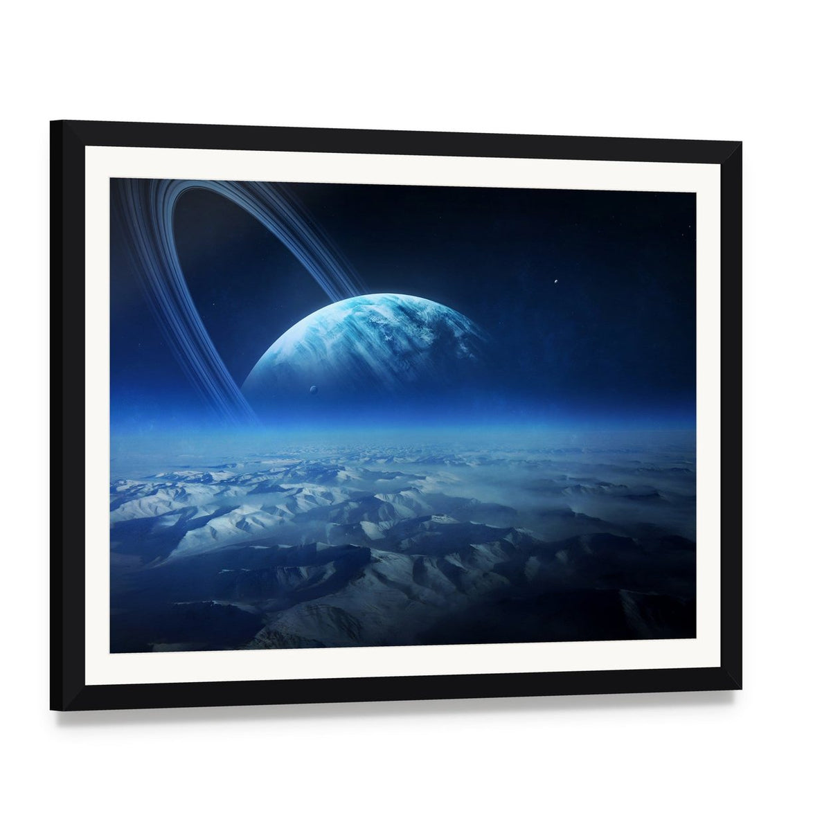 View of Uranus from Titania Canvas Wall Art, framed print with white mat and black frame, angled product view