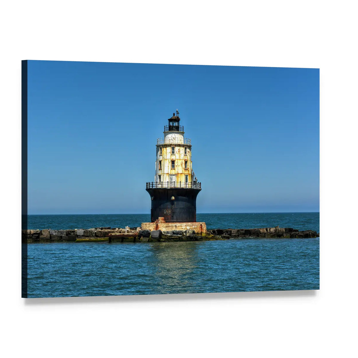 Harbor of Refuge Lighthouse Canvas Wall Art, single panel gallery wrapped canvas, angled product view
