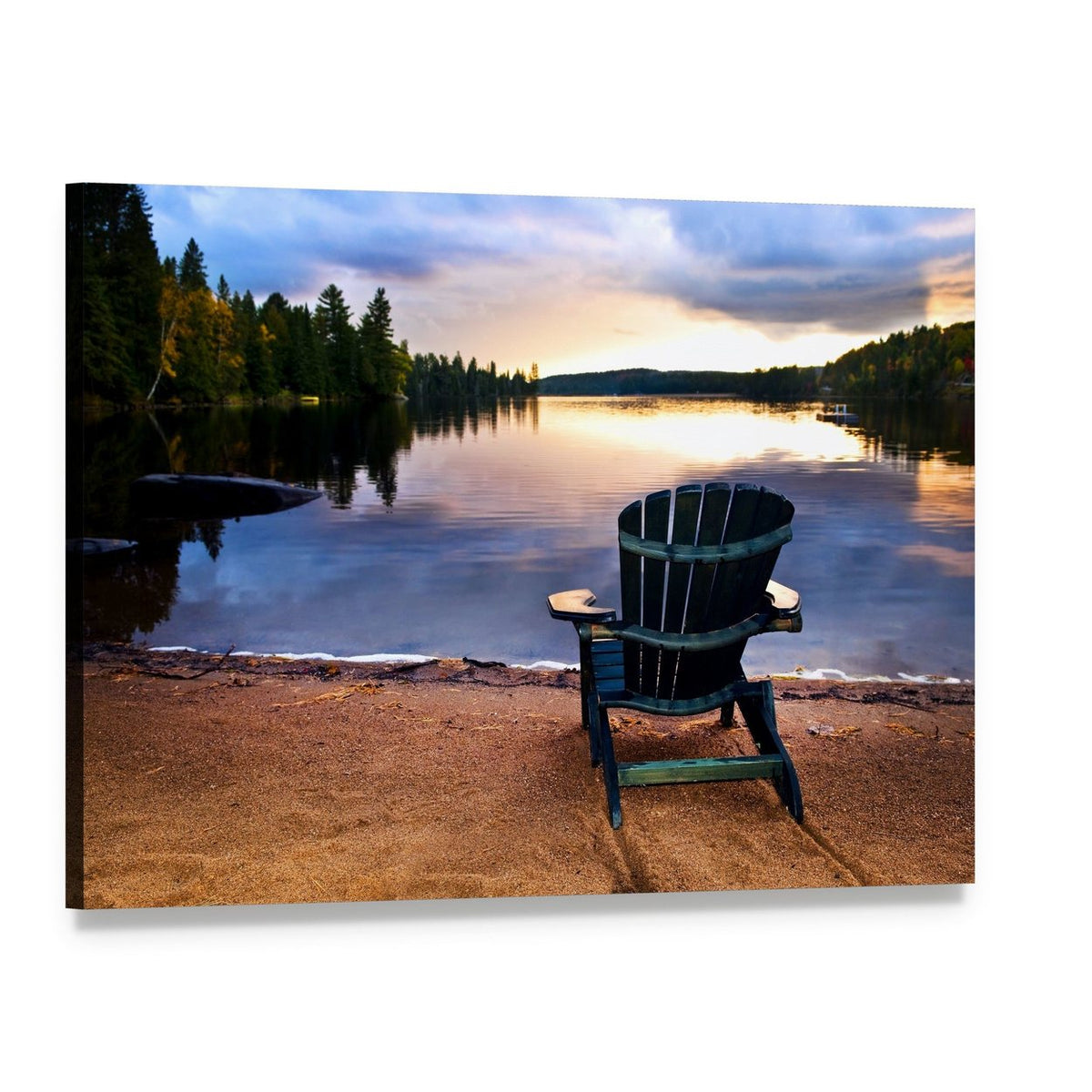 Adirondack Chair on Lake Shore at Sunset Canvas Wall Art, single panel gallery wrapped canvas, angled product view