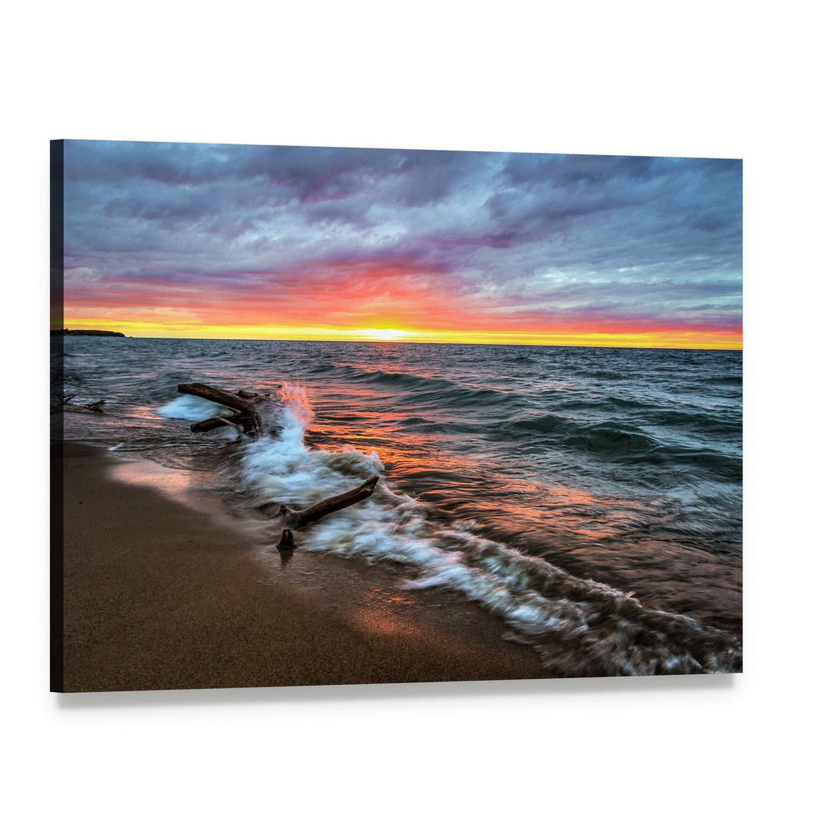 Huron Lake Sunset Reflection Canvas Wall Art, single panel gallery wrapped canvas, angled product view