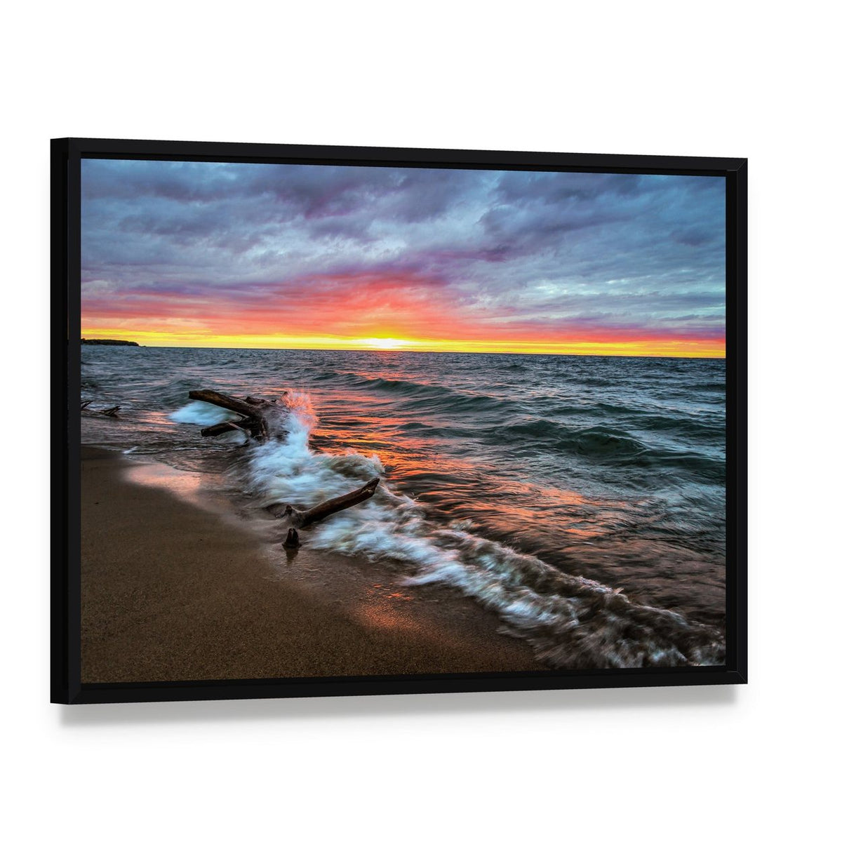 Huron Lake Sunset Reflection Canvas Wall Art, framed canvas in a black floater frame, angled product view