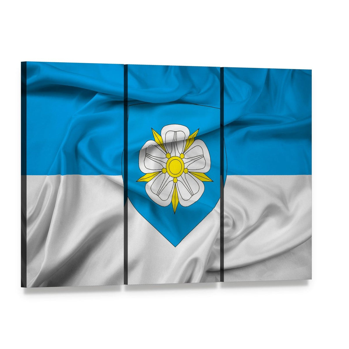 Viljandi Flag with Creased Fabric Texture Canvas Wall Art, 3 panel 3 Horizontal layout gallery wrapped canvas set, angled product view