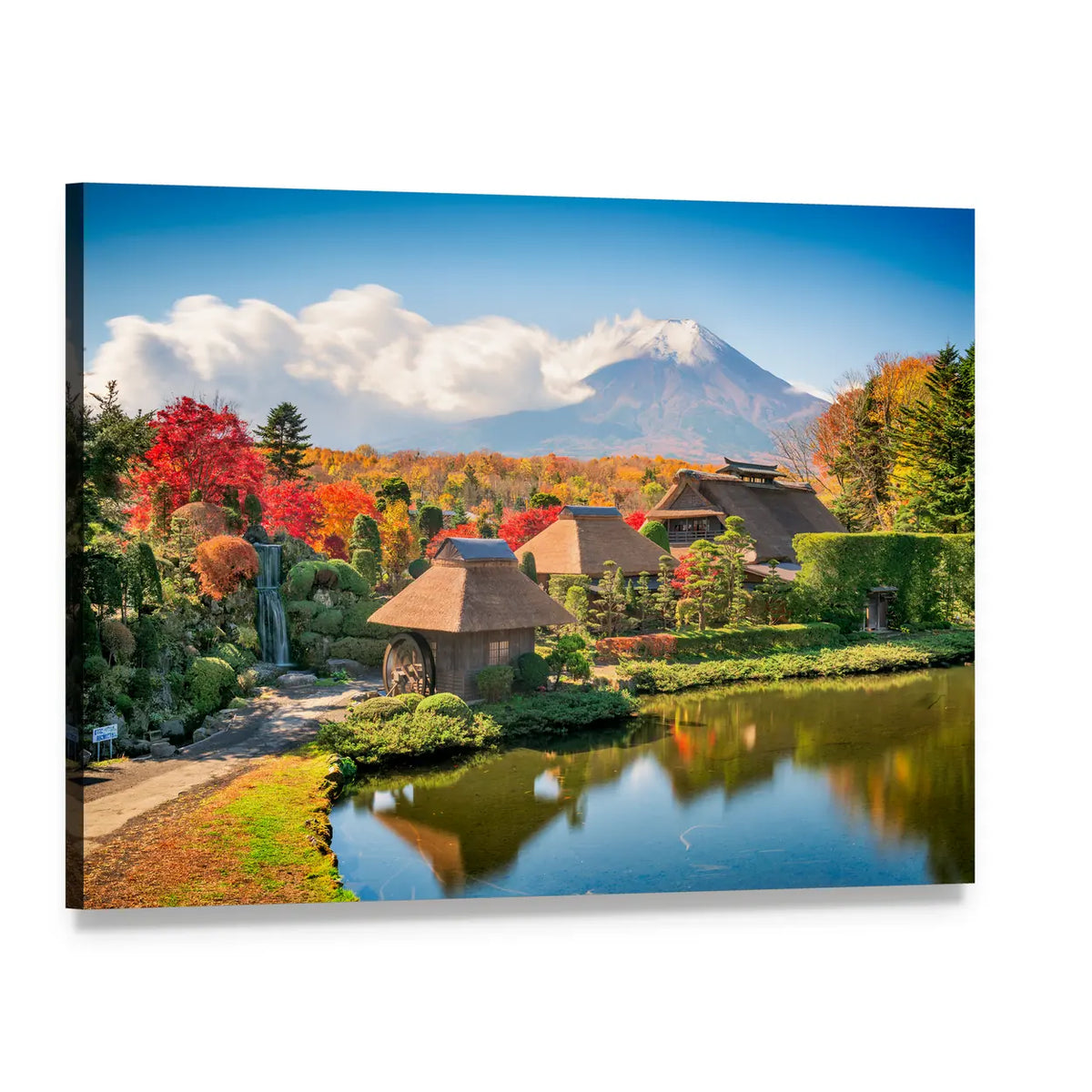 Thatched Farmhouses by Reflective Mountain Lake Canvas Wall Art, single panel gallery wrapped canvas, angled product view