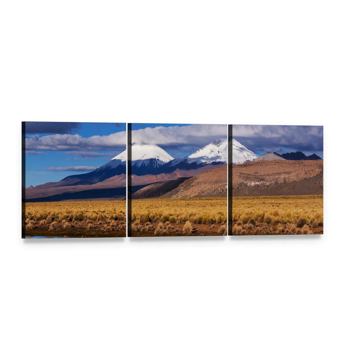 Snow-capped Mountain Peaks with Golden Prairie Panoramic Canvas Wall Art, 3 panel 3 Piece layout gallery wrapped canvas set, angled product view