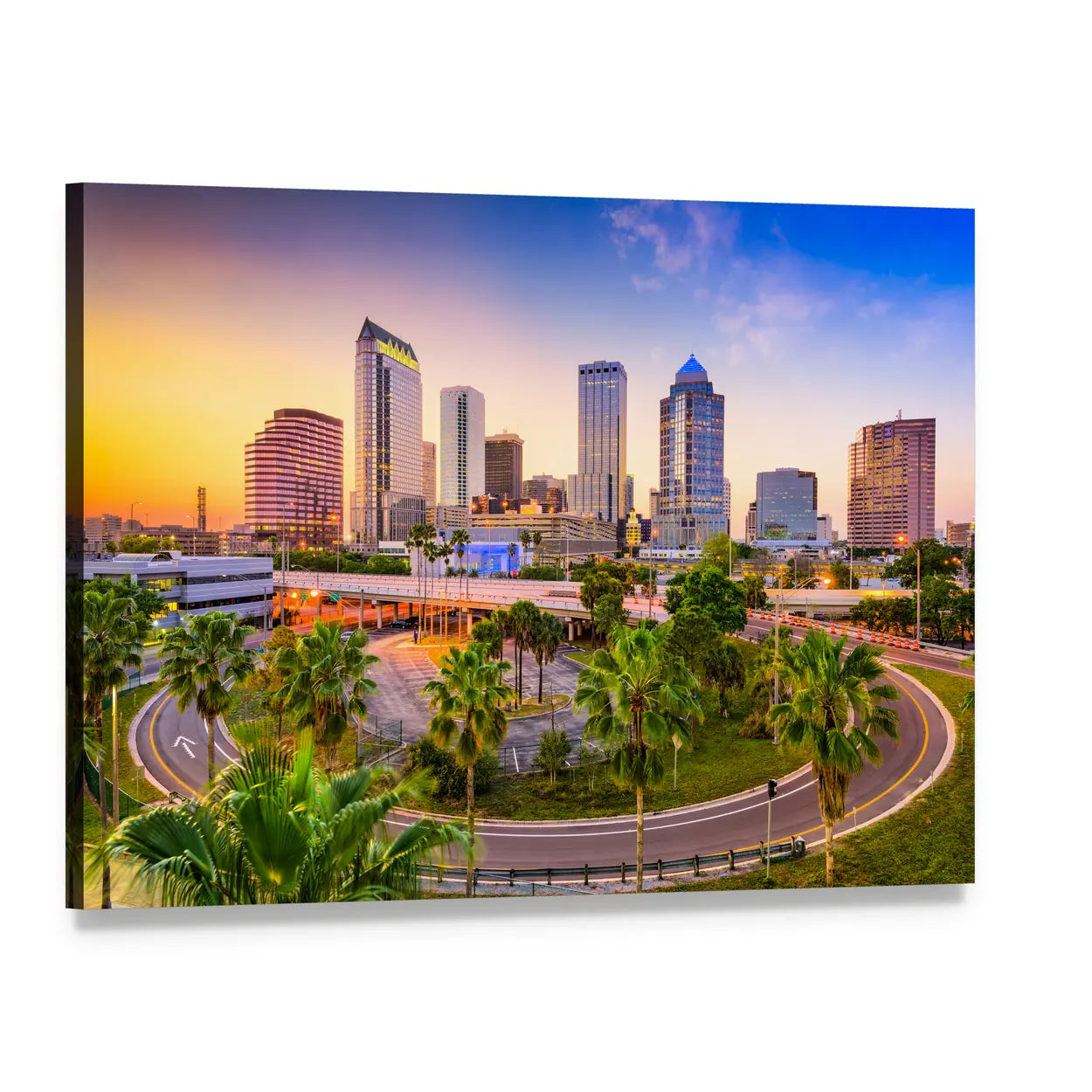 Tampa Downtown Skyline at Sunset Canvas Wall Art, single panel gallery wrapped canvas, angled product view