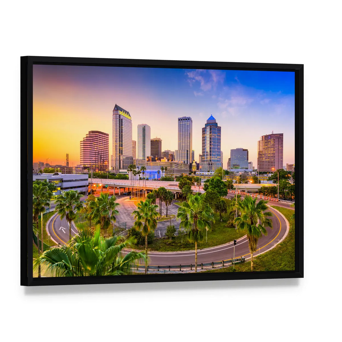 Tampa Downtown Skyline at Sunset Canvas Wall Art, framed canvas in a black floater frame, angled product view