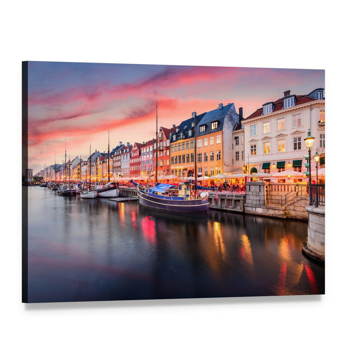 Nyhavn Canal Sunset Reflections Canvas Wall Art, single panel gallery wrapped canvas, angled product view