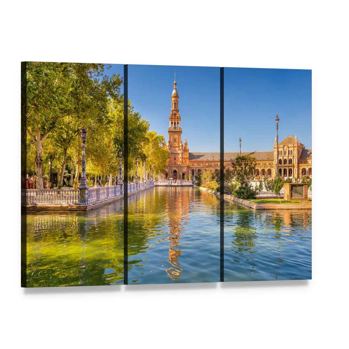 Spanish Square with Golden-spired Tower Canvas Wall Art, 3 panel 3 Horizontal layout gallery wrapped canvas set, angled product view