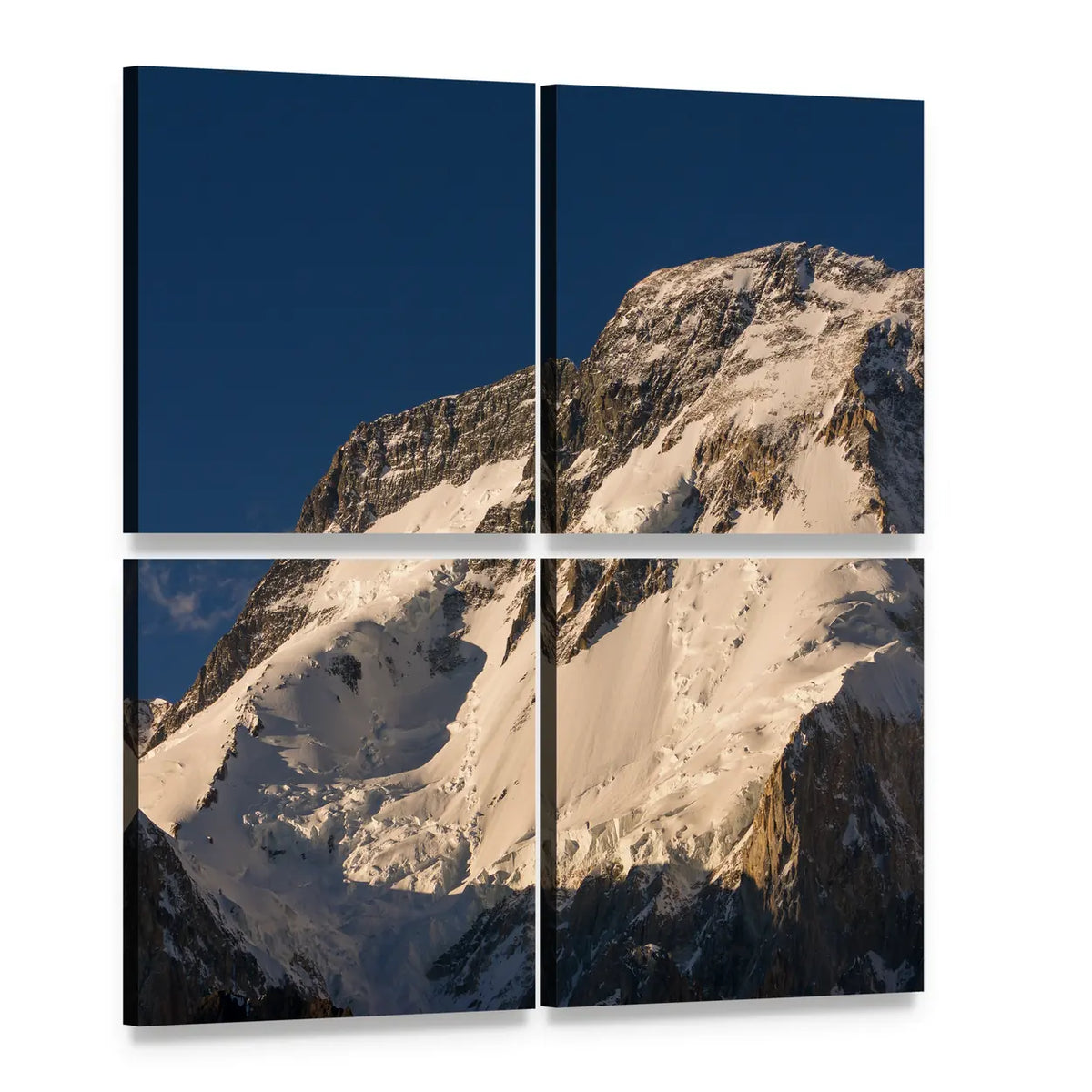 Snowy Mountain Peak at Golden Hour Canvas Wall Art, 4 panel 4 Square layout gallery wrapped canvas set, angled product view