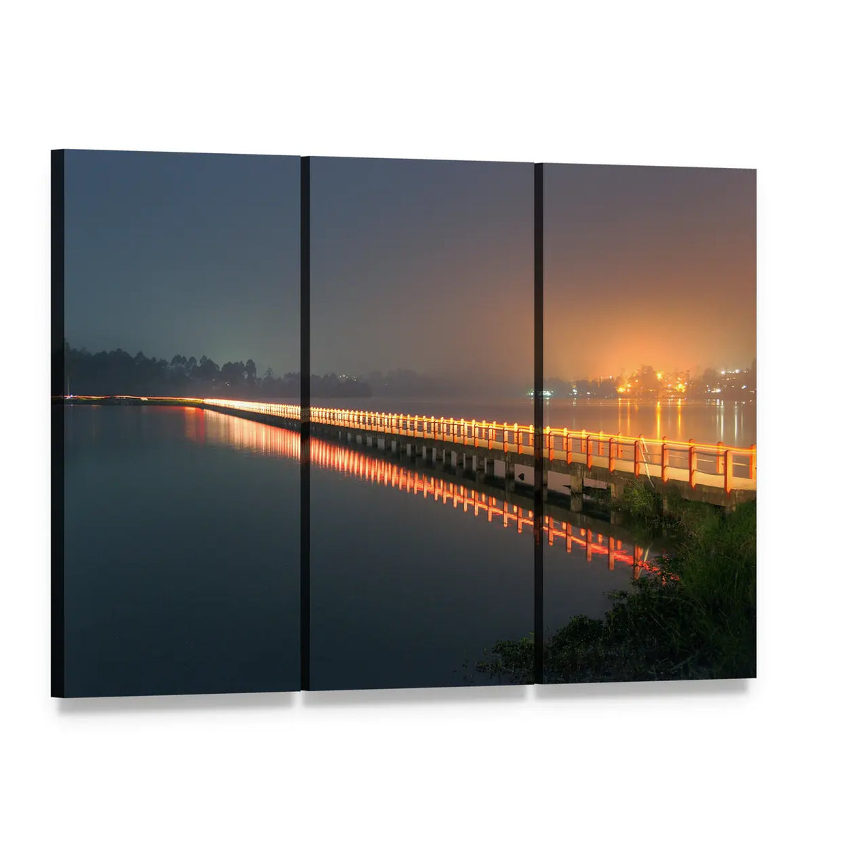 Cileunca Lake Bridge at Night Canvas Wall Art, 3 panel 3 Horizontal layout gallery wrapped canvas set, angled product view