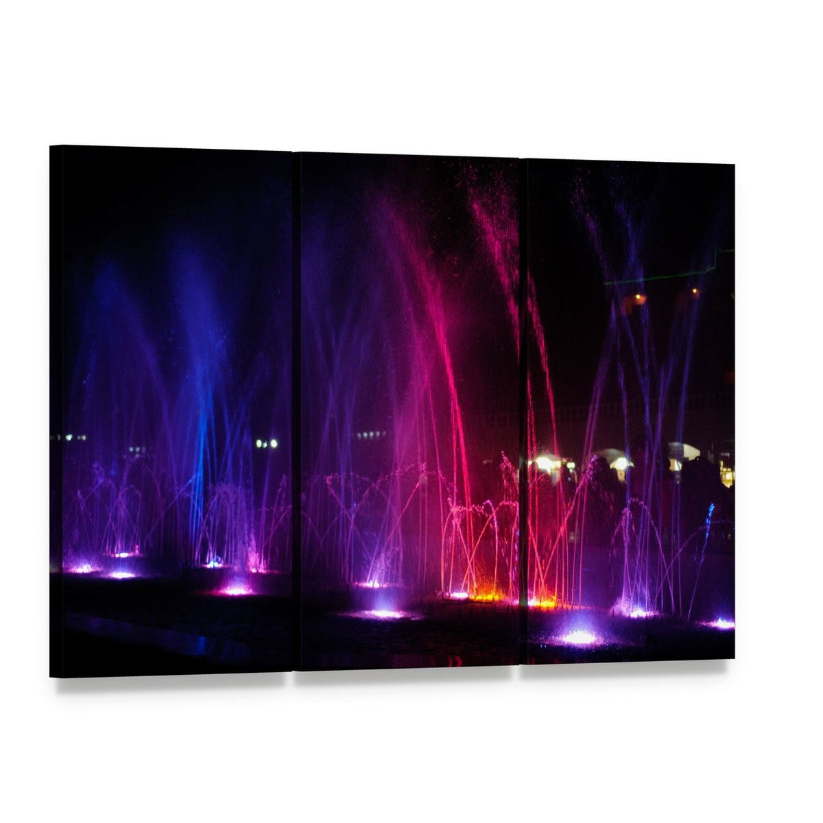 Vibrant Dancing Fountains at Night Canvas Wall Art, 3 panel 3 Horizontal layout gallery wrapped canvas set, angled product view
