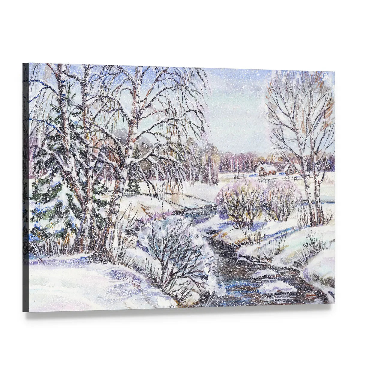 Russian Winter Village Canvas Wall Art, single panel gallery wrapped canvas, angled product view