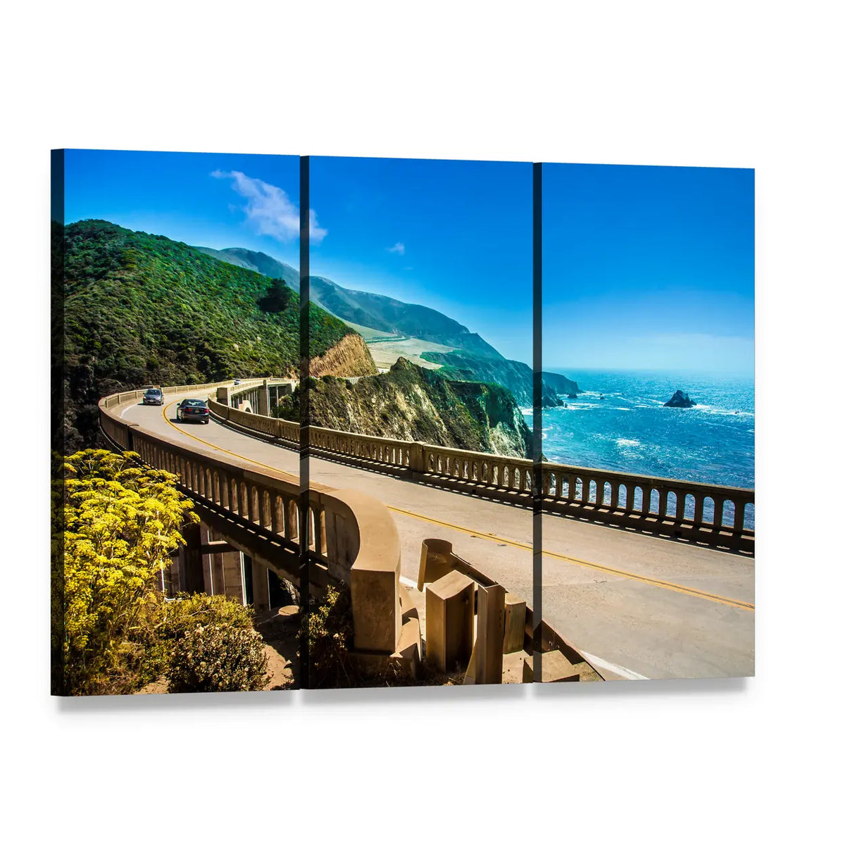 Bixby Creek Bridge on Highway Canvas Wall Art, 3 panel 3 Horizontal layout gallery wrapped canvas set, angled product view