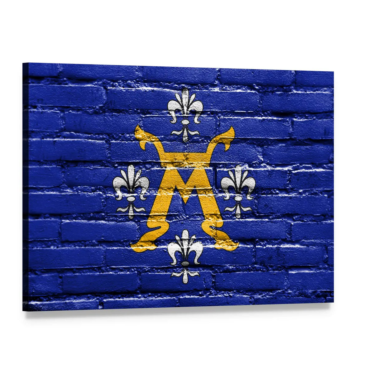Turku Flag with Gold Letter M and Fleur-de-lis Canvas Wall Art, single panel gallery wrapped canvas, angled product view