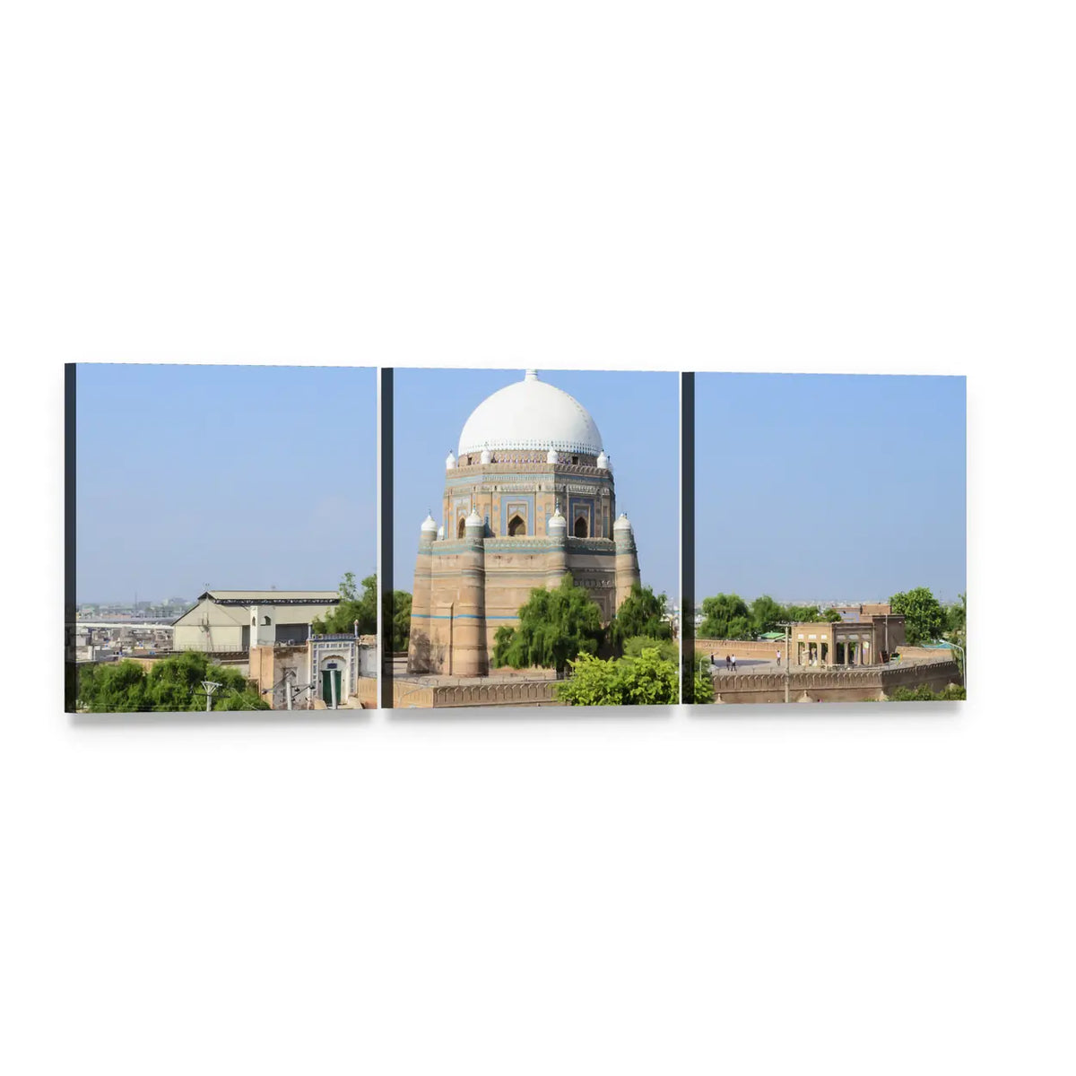 Shah Rukn-e-alam Mausoleum, Pakistan Panoramic Canvas Wall Art, 3 panel 3 Piece layout gallery wrapped canvas set, angled product view