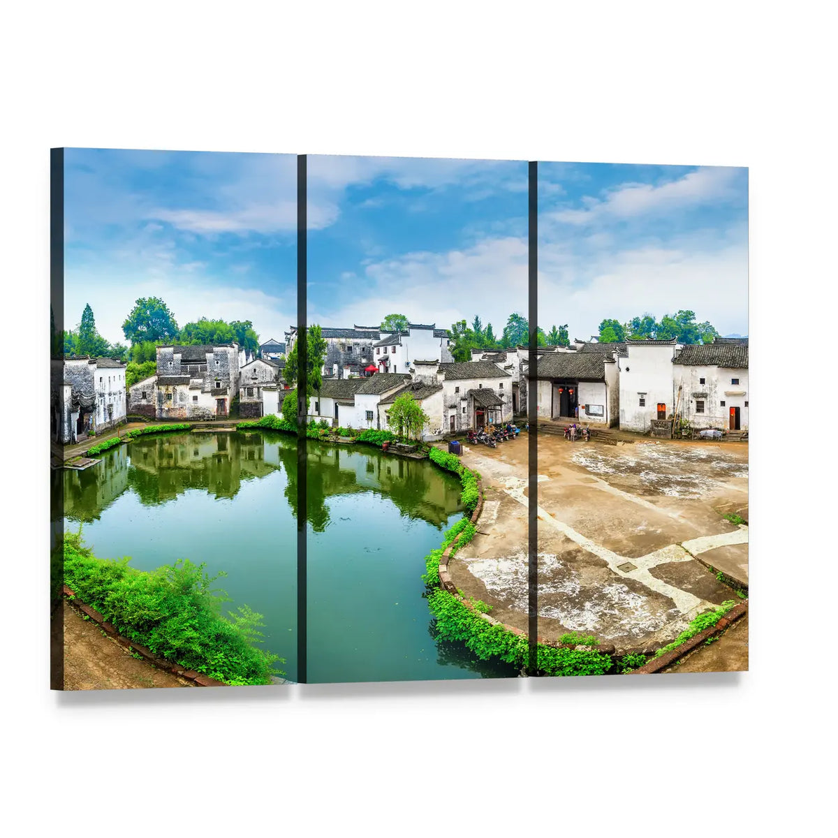 Zhuge Bagua Village Pond Reflection Canvas Wall Art, 3 panel 3 Horizontal layout gallery wrapped canvas set, angled product view