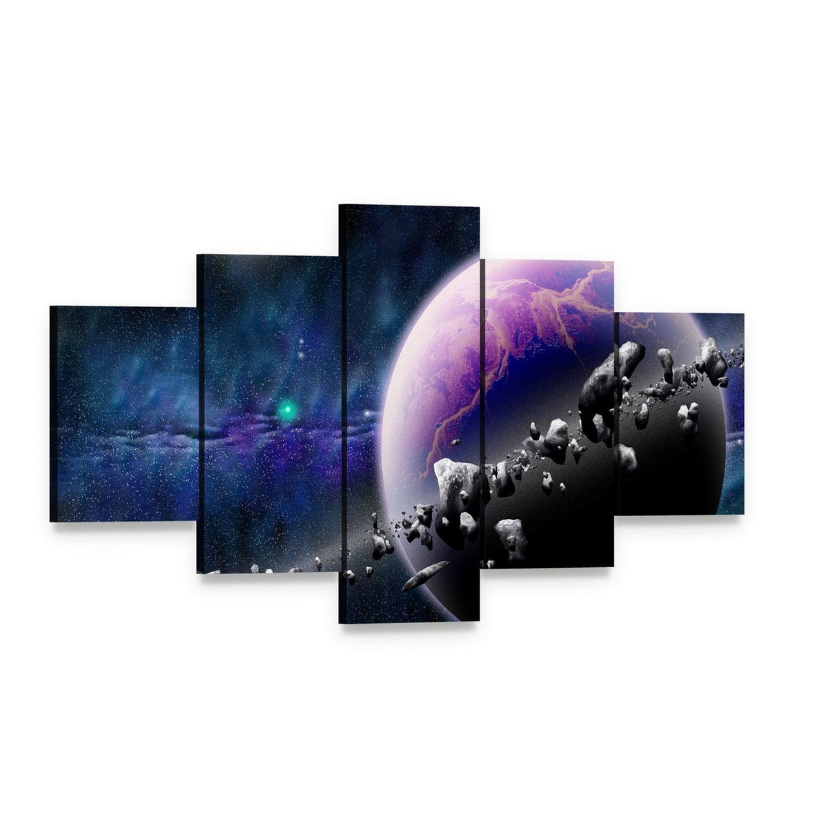 Planet with Asteroids Canvas Wall Art, 5 panel 5 Star layout gallery wrapped canvas set, angled product view