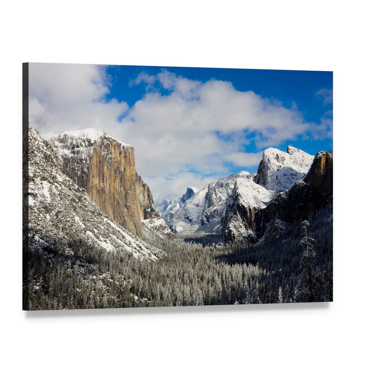 Snowy Yosemite Valley with El Capitan Canvas Wall Art, single panel gallery wrapped canvas, angled product view