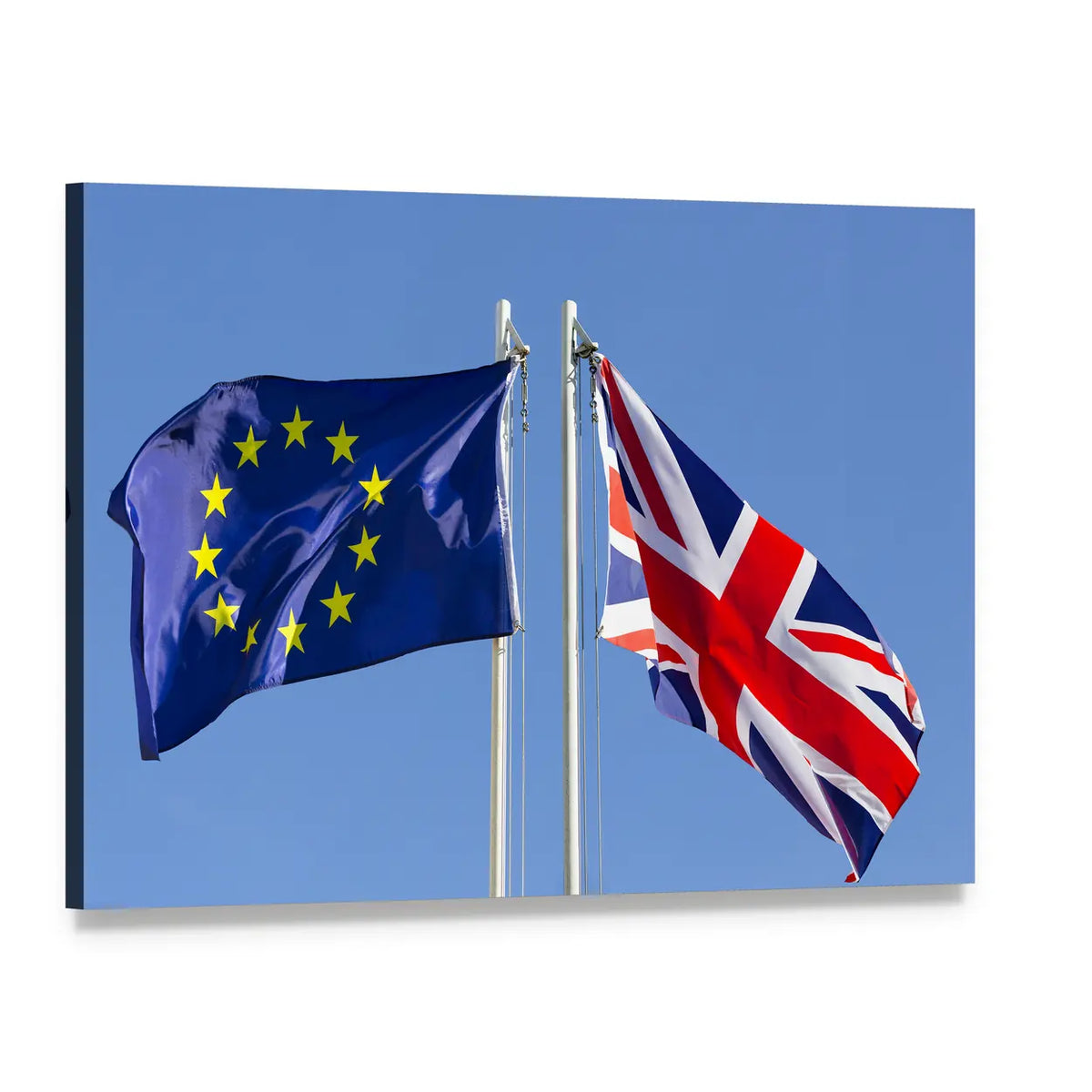 European Union and United Kingdom Flags Canvas Wall Art, single panel gallery wrapped canvas, angled product view