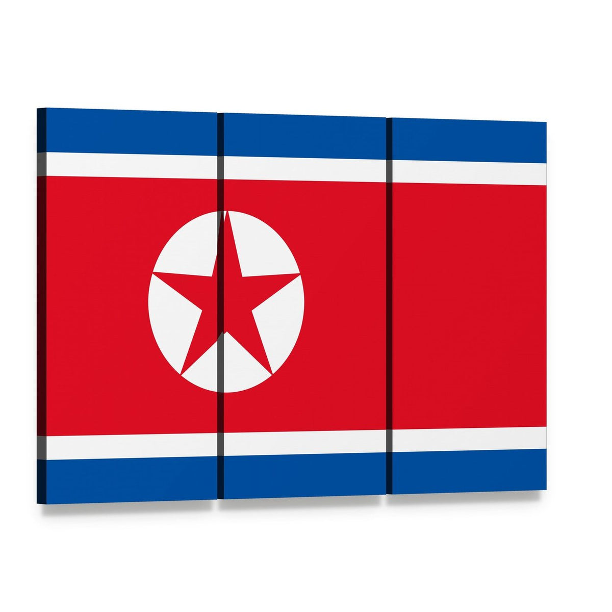 North Korea Flag Canvas Wall Art, 3 panel 3 Horizontal layout gallery wrapped canvas set, angled product view