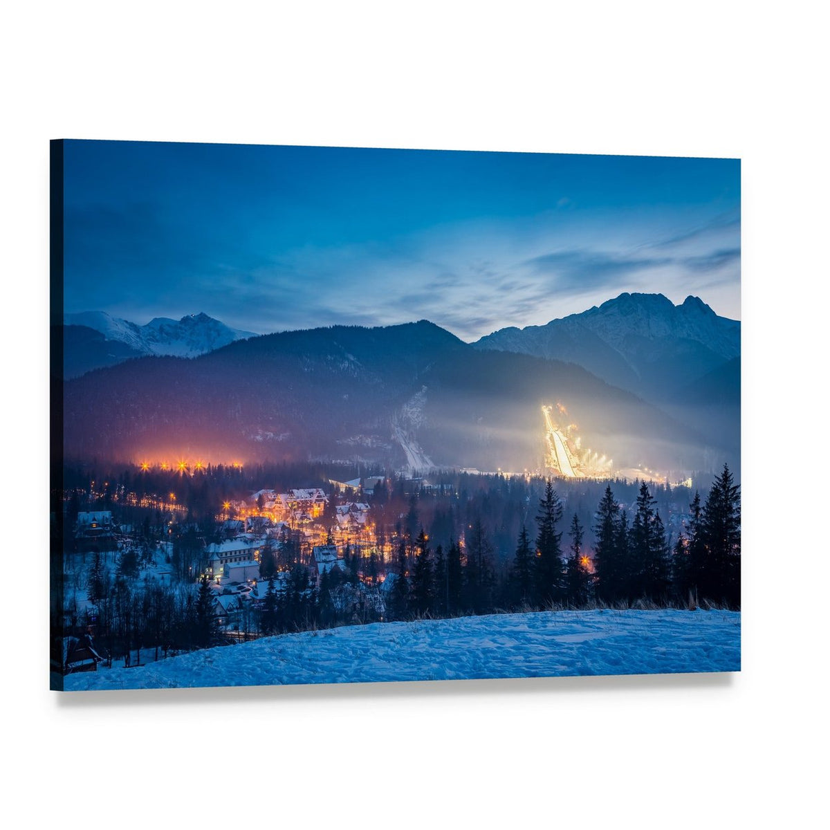 Ski Jump at Dusk Over Mountain Village Canvas Wall Art, single panel gallery wrapped canvas, angled product view