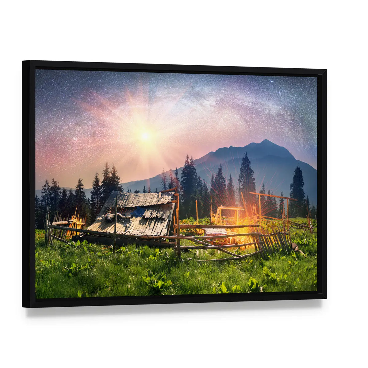 Mountain Cabin with Sheep Canvas Wall Art, framed canvas in a black floater frame, angled product view