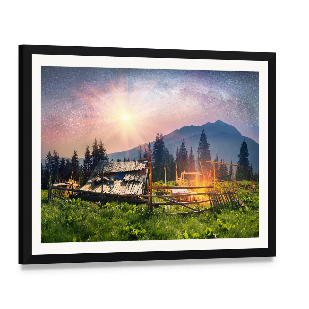 Mountain Cabin with Sheep Canvas Wall Art, framed print with white mat and black frame, angled product view