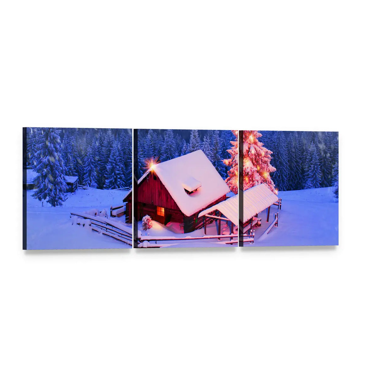 Alpine Fields in Winter Panoramic Canvas Wall Art, 3 panel 3 Piece layout gallery wrapped canvas set, angled product view