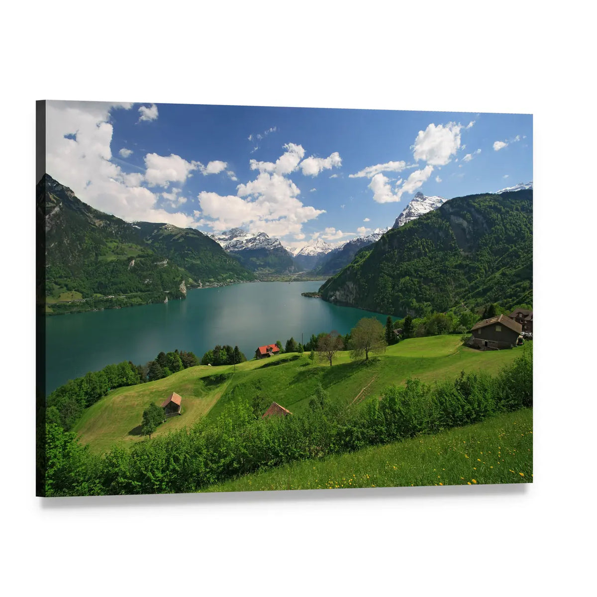 Alpine Farms by Turquoise Lake Canvas Wall Art, single panel gallery wrapped canvas, angled product view