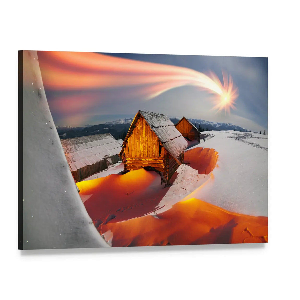 Sunset Over Snowy Alpine Cabins Canvas Wall Art, single panel gallery wrapped canvas, angled product view