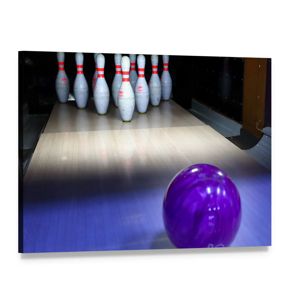 Marbled Purple Bowling Ball and Pins Canvas Wall Art, single panel gallery wrapped canvas, angled product view