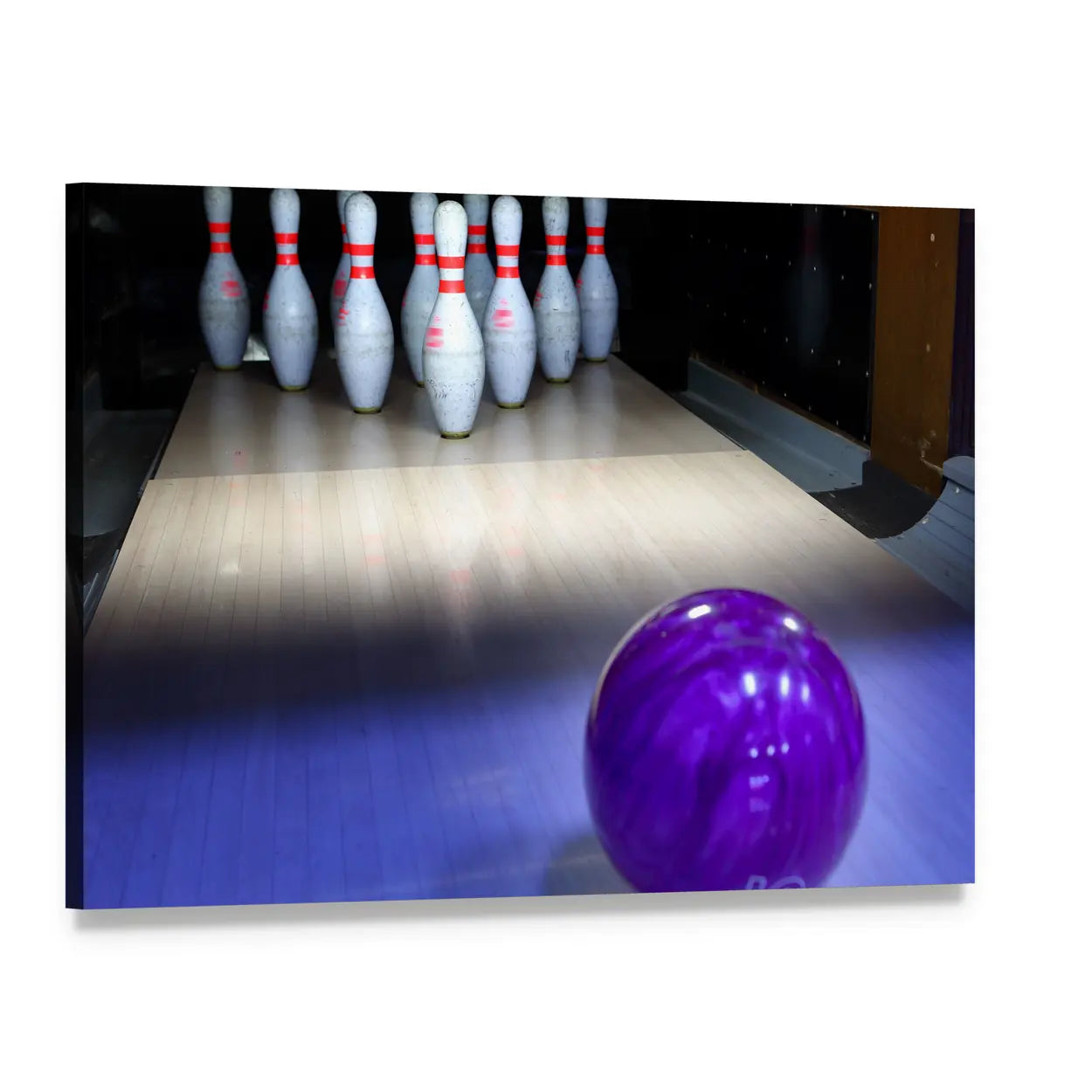 Purple Marbled Bowling Ball and Ten Pins Canvas Wall Art, single panel gallery wrapped canvas, angled product view