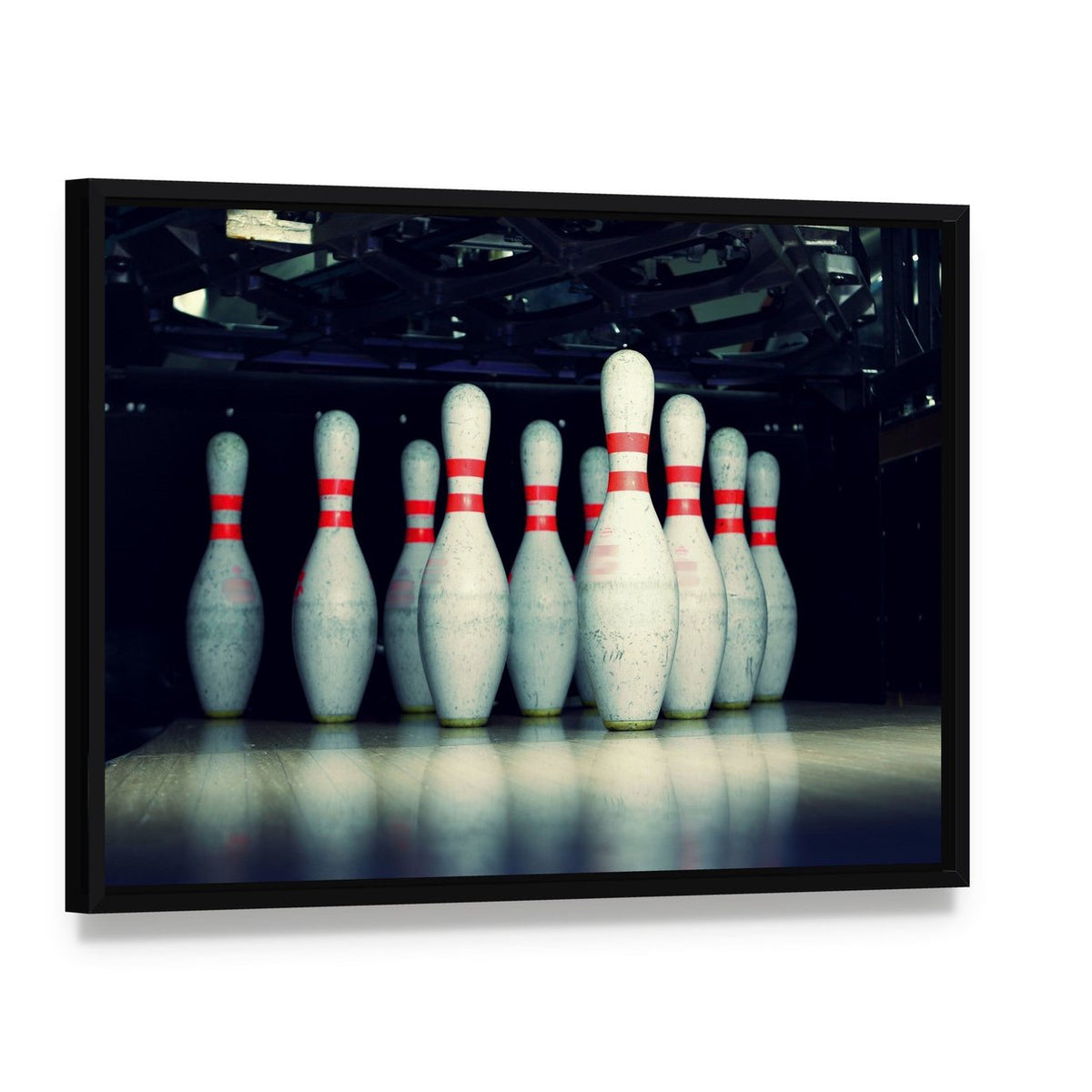 Bowling Pins Closeup Canvas Wall Art, framed canvas in a black floater frame, angled product view