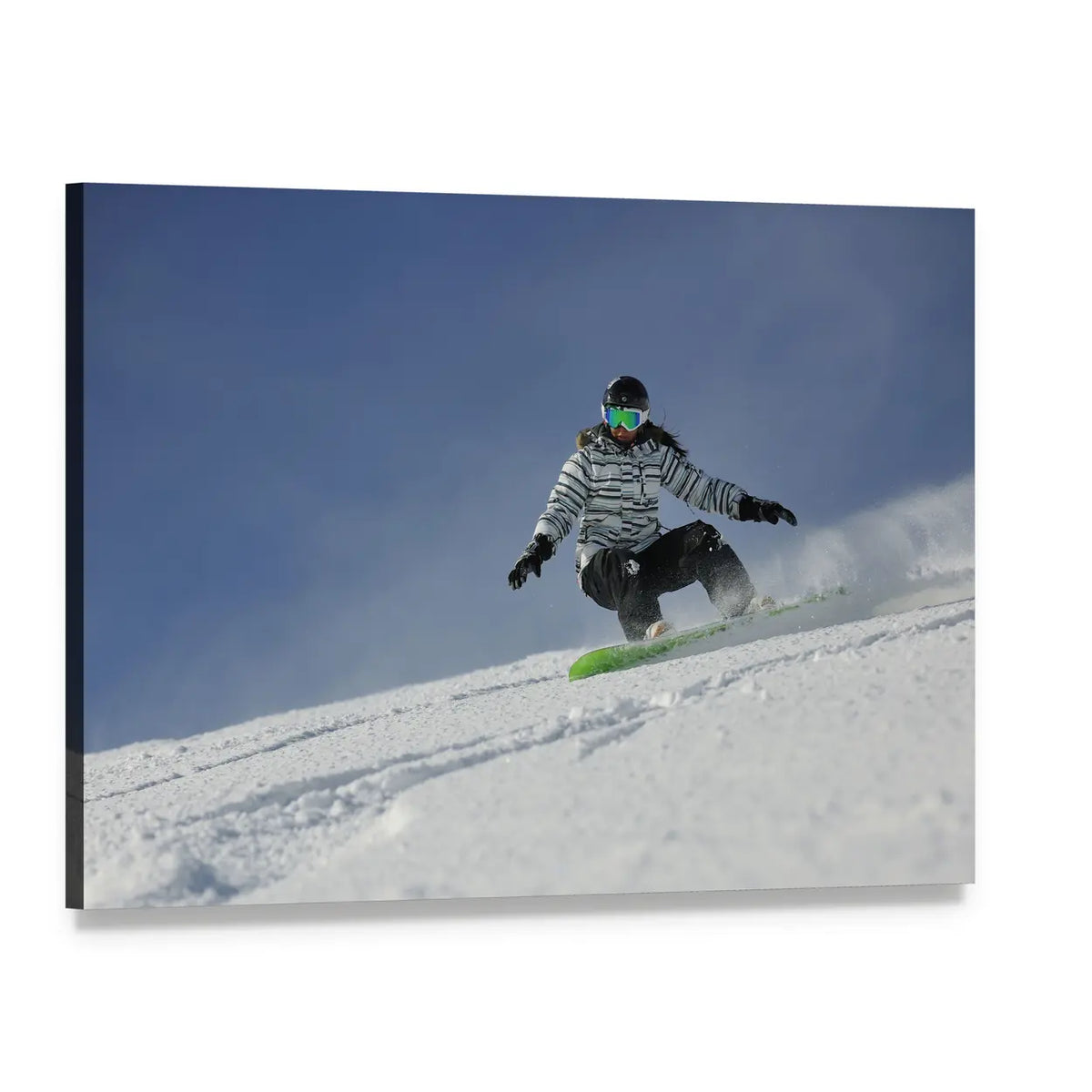 Female Snowboarder Racing Downhill Canvas Wall Art, single panel gallery wrapped canvas, angled product view