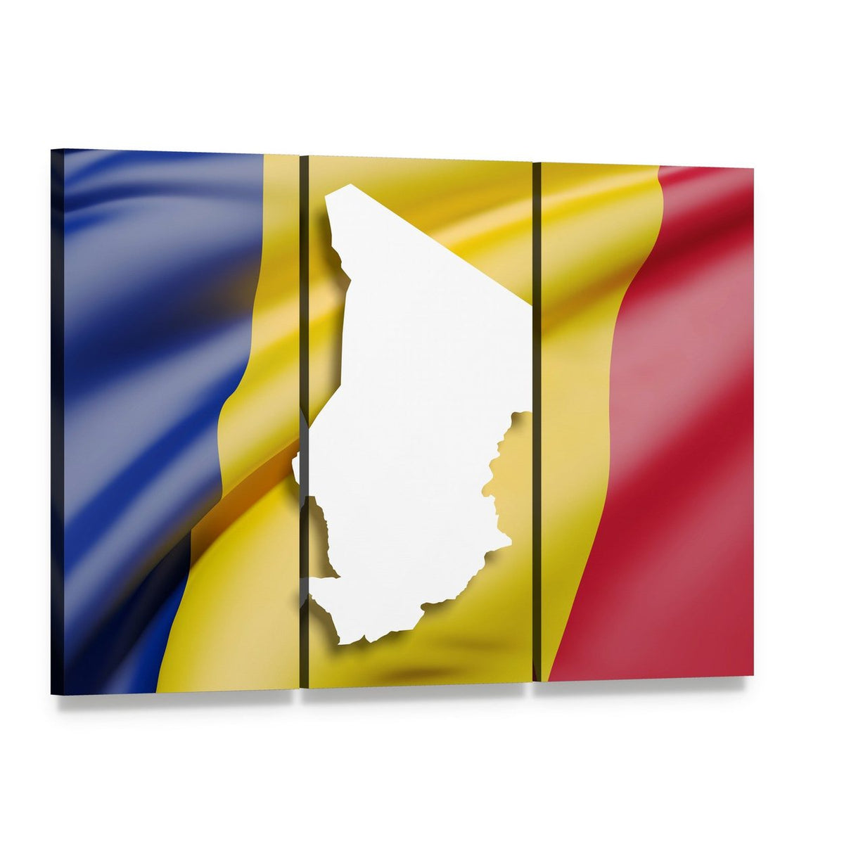 Chad Map and Flag Canvas Wall Art, 3 panel 3 Horizontal layout gallery wrapped canvas set, angled product view