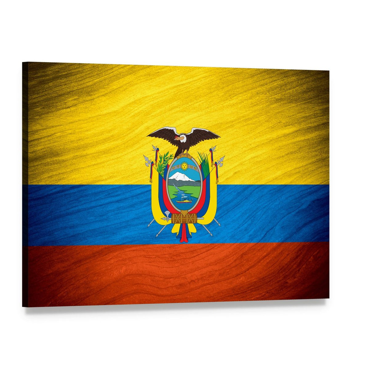 Ecuadorian Flag with Coat of Arms Canvas Wall Art, single panel gallery wrapped canvas, angled product view