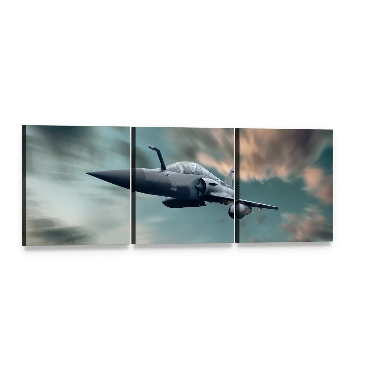 Delta-wing Fighter Jet at Sunset Panoramic Canvas Wall Art, 3 panel 3 Piece layout gallery wrapped canvas set, angled product view