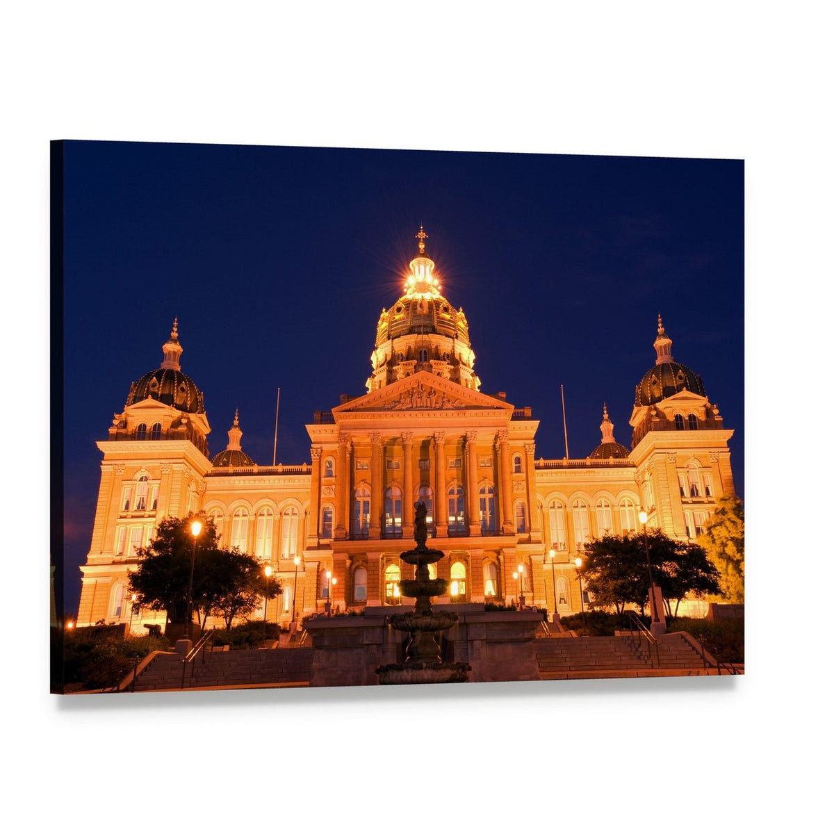 Des Moines State Capitol at Night Canvas Wall Art, single panel gallery wrapped canvas, angled product view