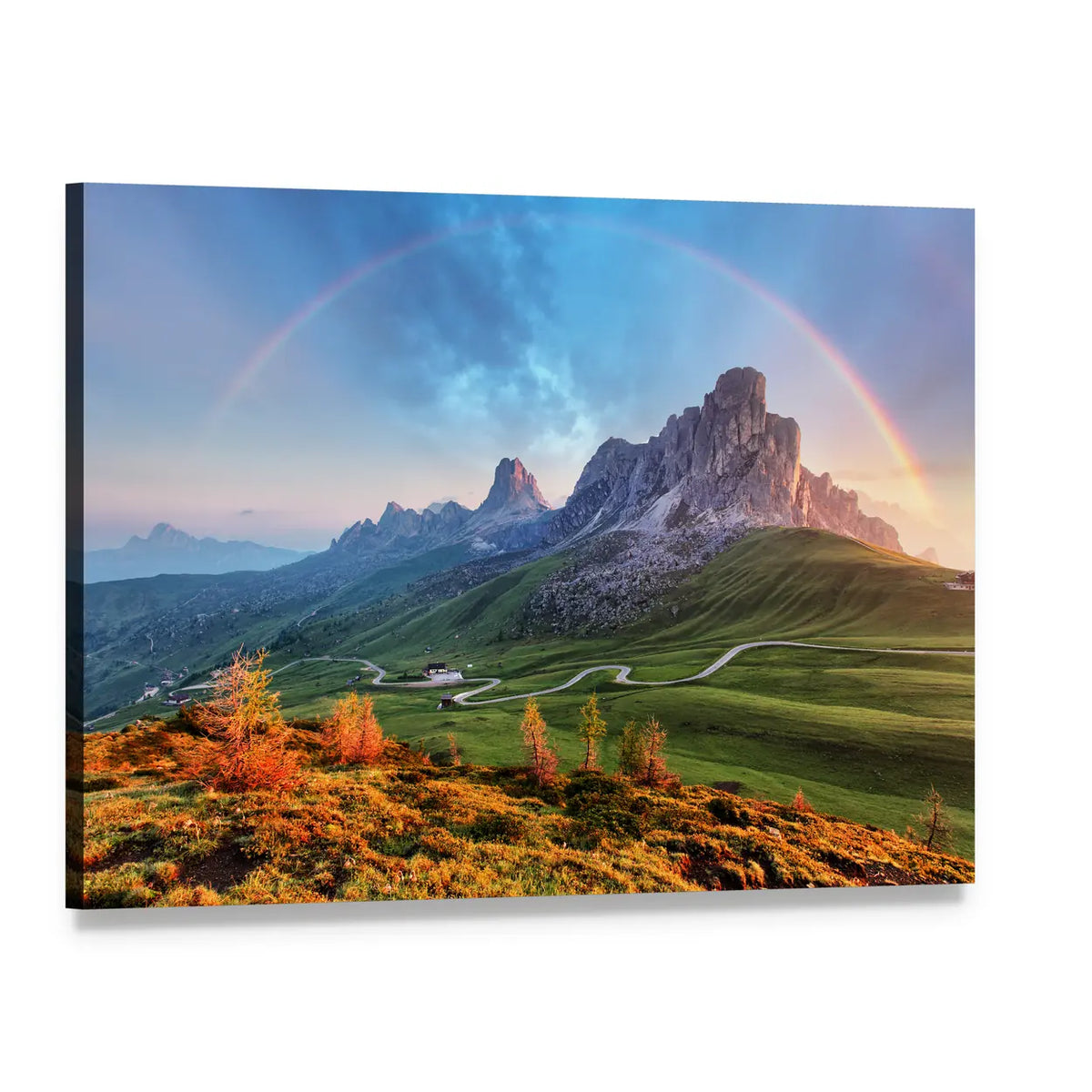 Rainbow Over Jagged Mountain Pass Canvas Wall Art, single panel gallery wrapped canvas, angled product view