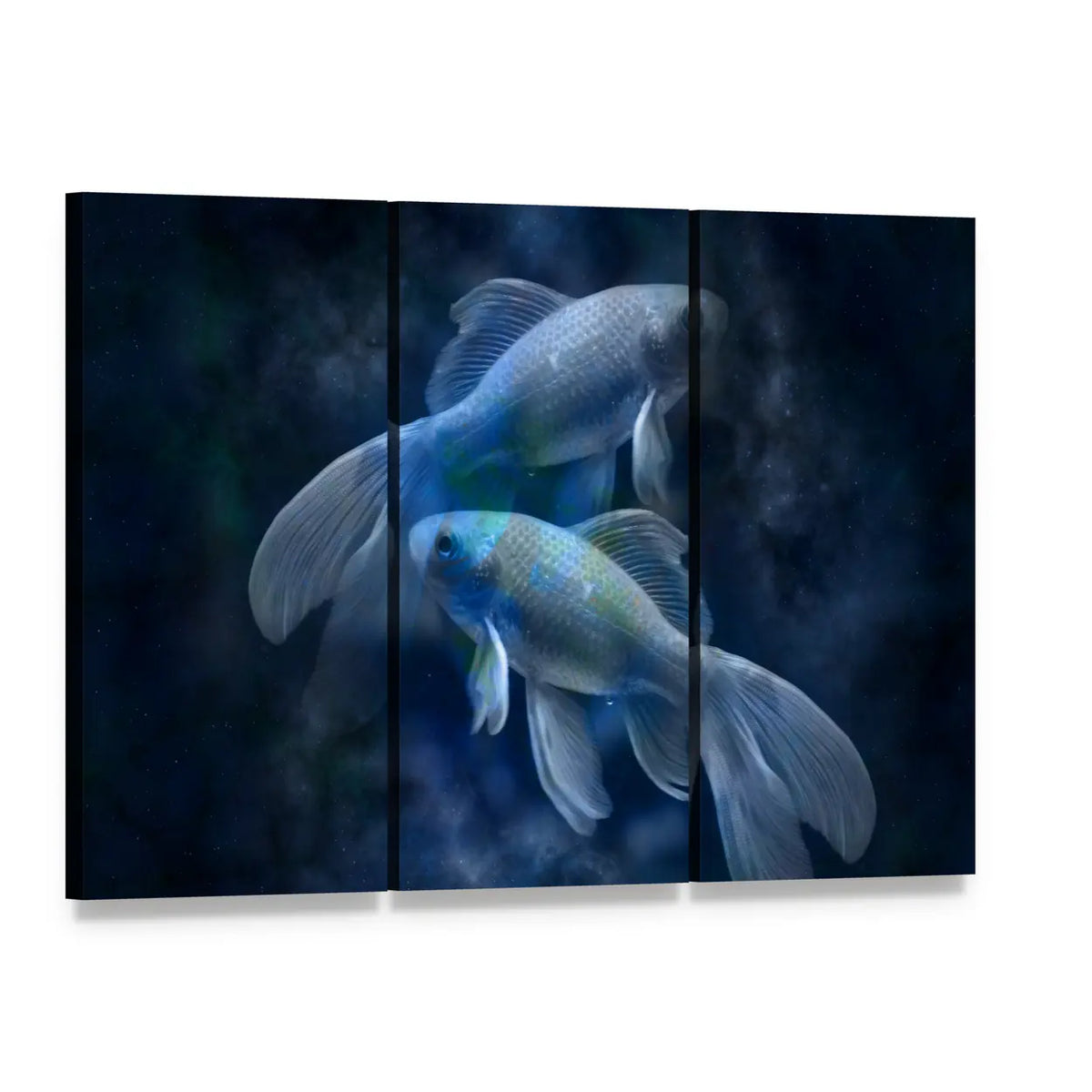 Pisces Zodiac Two Iridescent Fish Canvas Wall Art, 3 panel 3 Horizontal layout gallery wrapped canvas set, angled product view