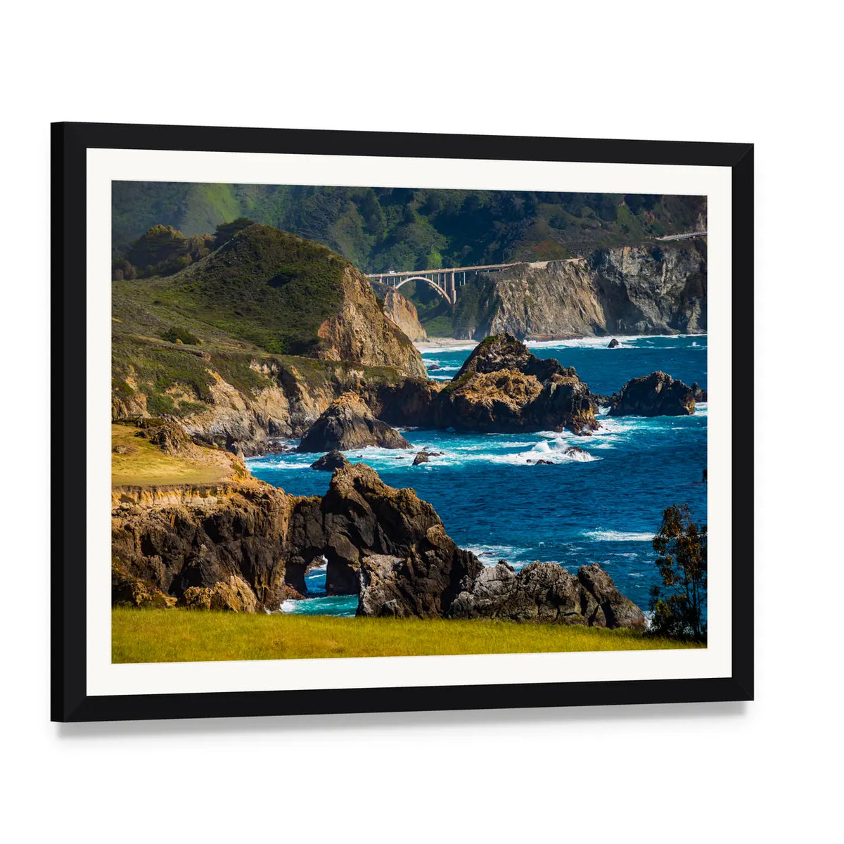 Bixby Creek Bridge Canvas Wall Art, framed print with white mat and black frame, angled product view