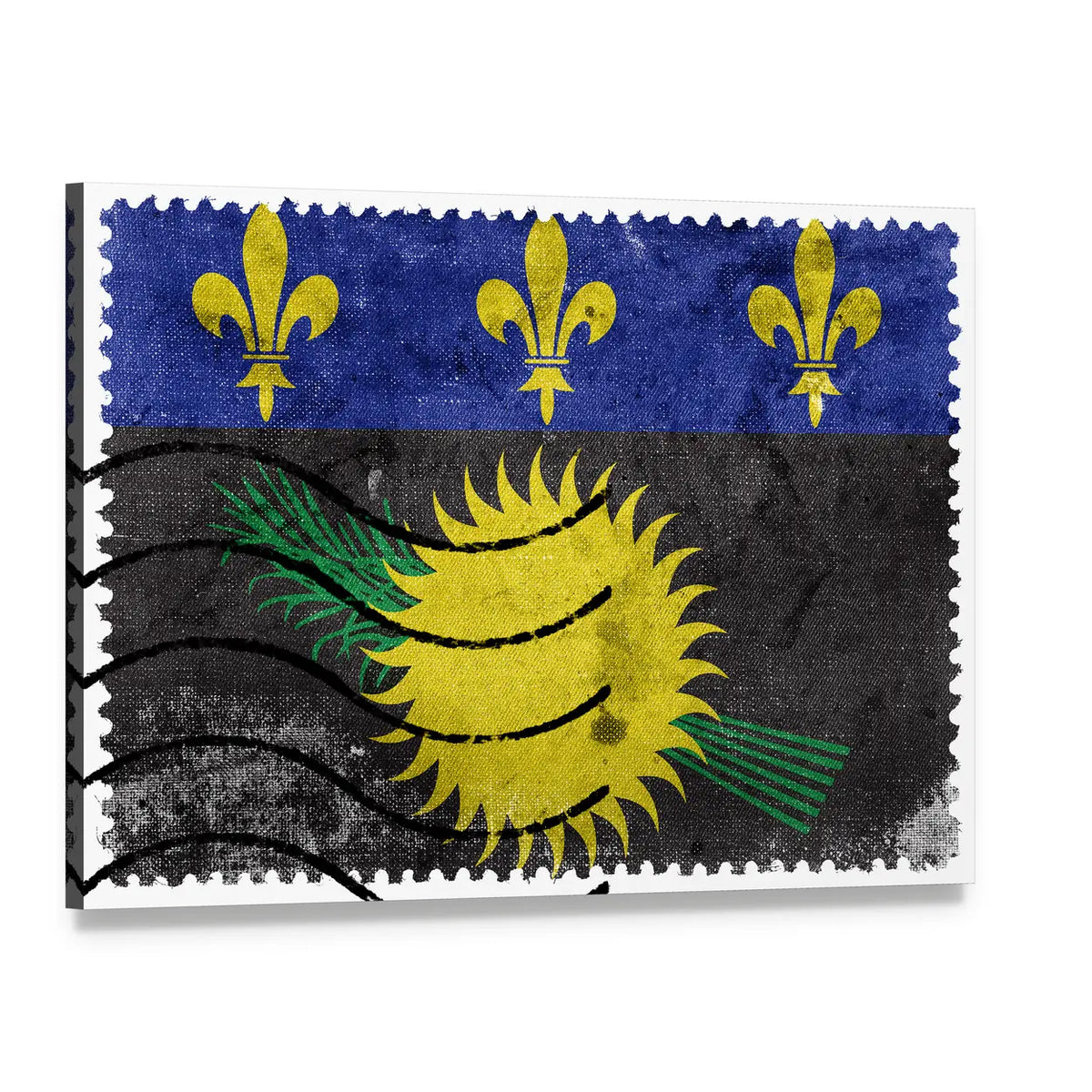 Vintage Guadeloupe Flag Stamp Canvas Wall Art, single panel gallery wrapped canvas, angled product view