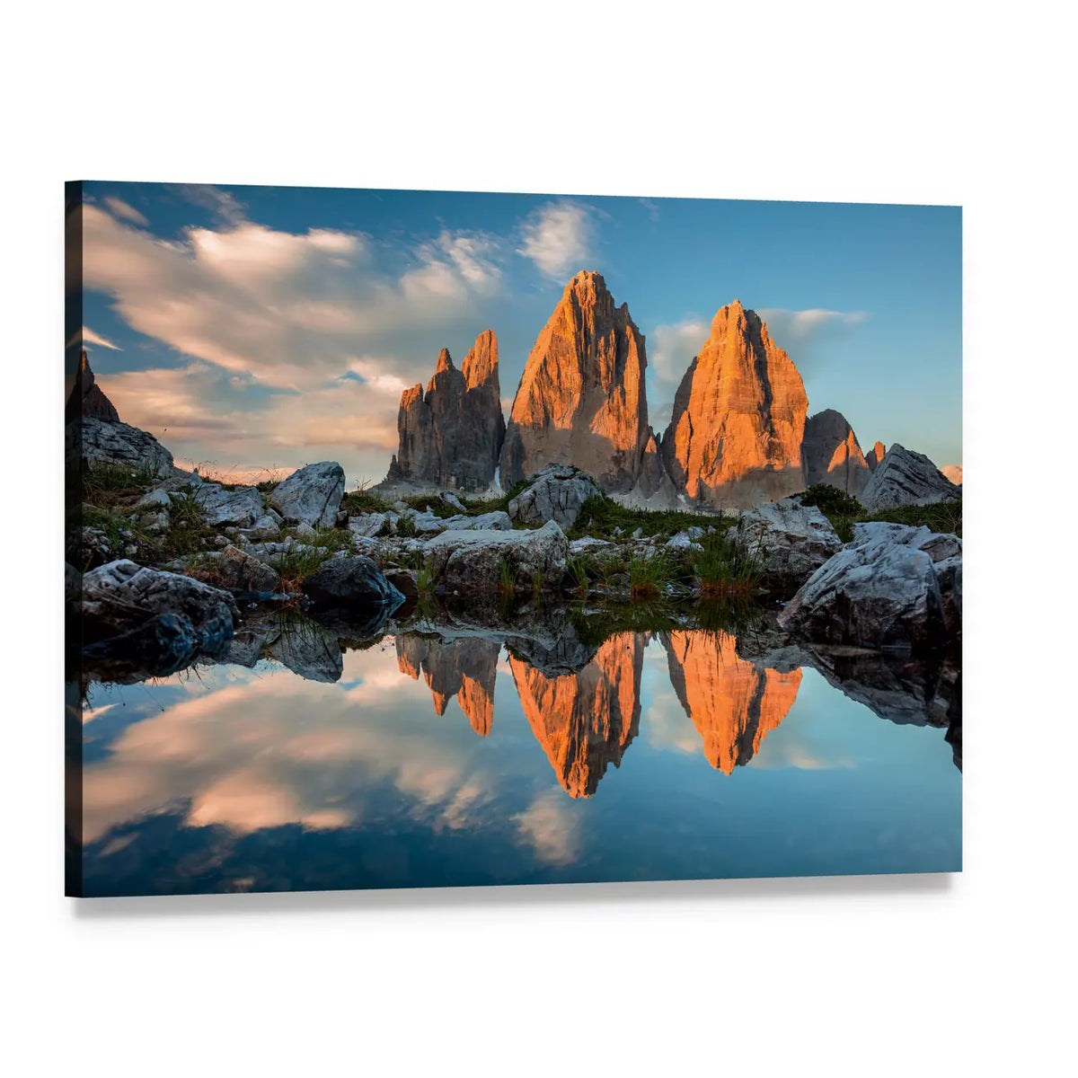 Tre Cime Di Lavaredo Reflected in Alpine Lake Canvas Wall Art, single panel gallery wrapped canvas, angled product view