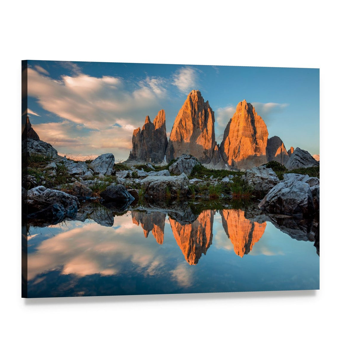 Tre Cime Reflected in Lake Canvas Wall Art, single panel gallery wrapped canvas, angled product view