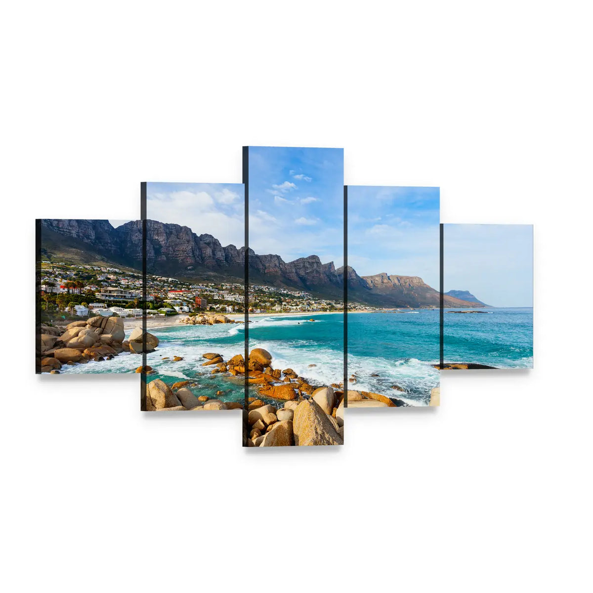 Camps Bay Beach and Mountains Canvas Wall Art, 5 panel 5 Star layout gallery wrapped canvas set, angled product view